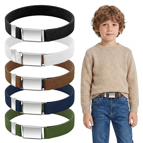 Jiaoshou Pan 5 Pièces Ceintures Élastiques pour Enfants, Ceinture Enfant Elastique, Ceintures Ajustables avec Boucle Carrée pour Jeans Shorts Pantalons Robes