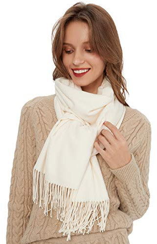 MaaMgic Schal Damen Warm Winter Herbst unifarben Baumwolle mit quasten/fransen, 40+ Farben Einfarbig & Kariert Pashmina xl Stola Schals MEHRWEG,Sahneweiß NICHT reinweiß