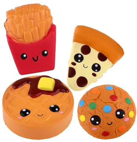 Anboor Squishies Jouets Anti-Stress Fries Gâteau Biscuit Pizza Gadgets Série Coffret Cadeau De Décompression Kawaii Convient Aux Enfants et Aux Adultes (Lot de 4)