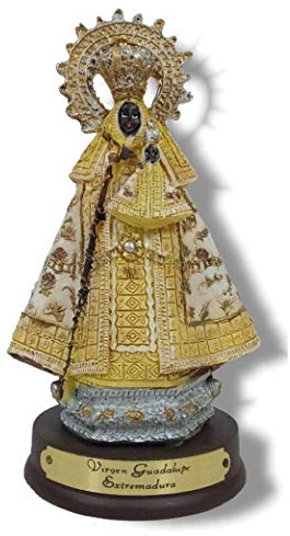 Heraldys.- Figura Virgen de la Guadalupe de Cáceres de 11 cms., en Resina epoxi, Pintada a Mano. De Regalo Colgante Cruz y estampas de San Miguel, San Judas Tadeo, San Expedito y San Pancracio.