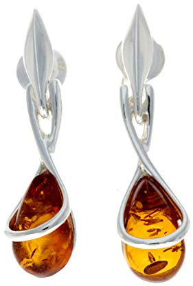 SilverAmber Jewellery UK GL151 Boucles d'oreilles pendantes modernes en ambre de la Baltique naturelle et argent sterling 925, Argent sterling, Ambre