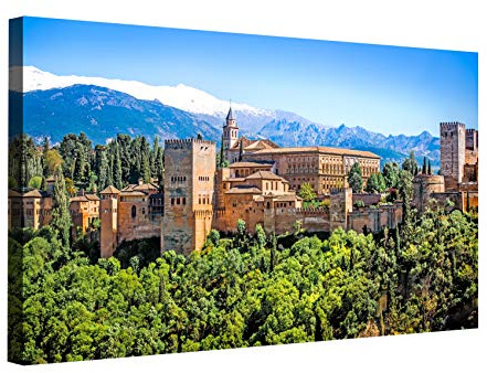 Desconocido Cuadro Lienzo Canvas Alhambra de Granada panorámica con Sierra Nevada – Varias Medidas - Lienzo de Tela Bastidor de Madera de 3 cm - Impresion en Alta resolucion (120, 59)