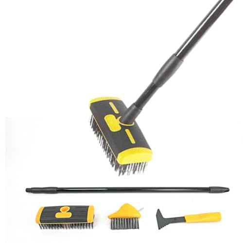 Easylife 4-in-1 Paving & Patio Cleaner with V-Shaped Scraper, Telescopic Wire Broom Deck Cleaner Removes Weeds, Grass, Moss and Dirt, Long Handled Wire Brush Extends 80-140cm - Fully Guaranteed
