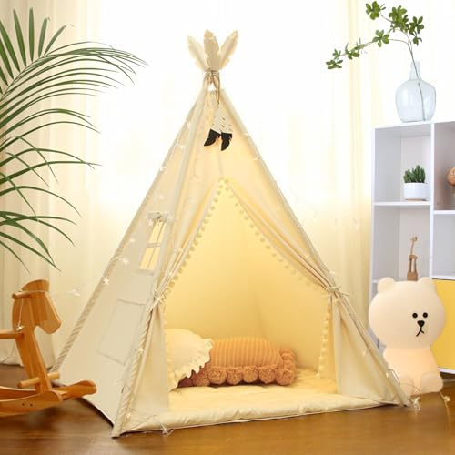 LIONHERZ® DAS ORIGINAL Tipi Zelt für Kinder aus 100% Baumwolle mit Matte, Stabilisator, Federdeko & Tasche [Stabil] Spielzelt Kinderzimmer | Indoor Kinderzelt| Spielhöhle Tippi Zelt (Cremeweiß)