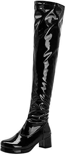 Lizoleor Damänner Reißverschluss Overknees Lack Boots Plateau Männer Mode Runde Zehen Block Mitte Absatz Overknees Stiefel Party Schwarz Gr 46 EU/48Cn