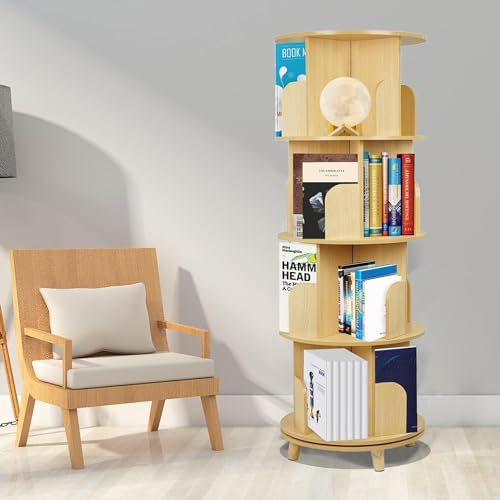 bimiti Drehbares Bücherregal 4 Ebenen, 360° Drehbar Bücherregale CD/DVD Aufbewahrung Regal, Freistehendes Standregal, Multifunktionales Bücherregal Massivholz für Kinder & Erwachsene