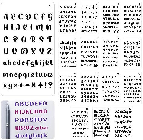 16 Stück Buchstaben Schablonen, 16 styles Schriftart Klein Wiederverwendbare Kunststoff Alphabet Schablonen Zeichnen Schablonen Set für DIY Malerei Scrapbooking 17.8 x 10.2cm