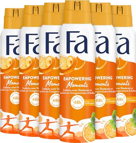 FA Deodorantspray Empowering Moments (6 x 150 ml), deodorant med den uppfriskande doften av apelsinskal & basilika, vegansk formel, stoppar bakterier, deodorantskydd utan aluminiumsalter