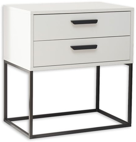 SUNA Nachttisch in Weiß - Moderner Nachtschrank mit Schubladen und schwarzem Metallgestell - 60 x 65 x 38,5 cm (B/H/T)