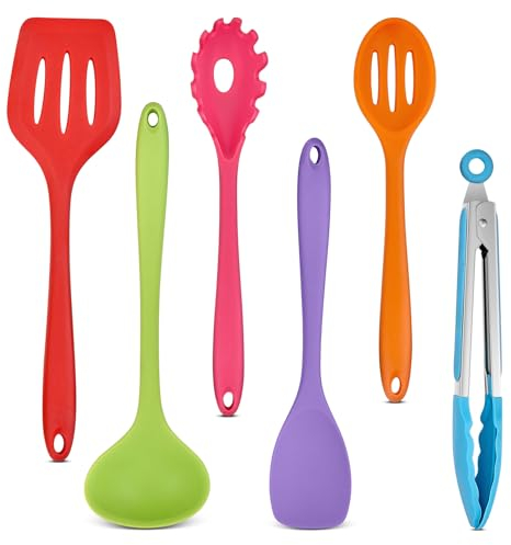 Küchenhelfer Set, Onader 6 Teiligs Silikon Küchenutensilien Kochutensilien Set, Antihaft Hitzebeständiger Kochbesteck Set zum Kochen, Spülmaschinenfest – Bunt