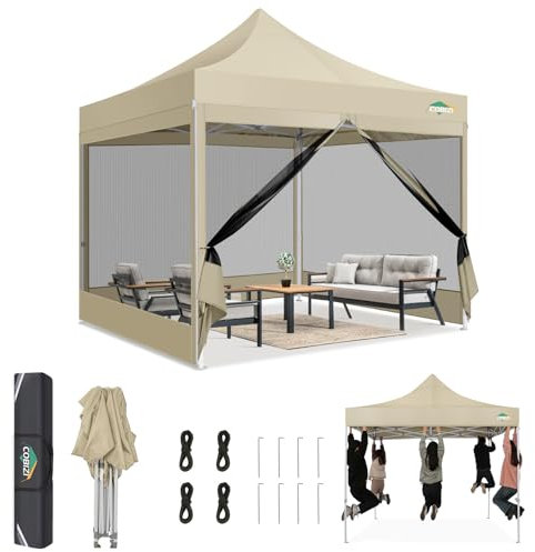 COBIZI Pavillon 3x3m faltbar wasserdicht & Winterfest (Khaki) – Stabiles Gartenzelt mit 23mm Stahlrohr, UV50+ und Moskitonetzen für Camping/Partys + Tragetasche