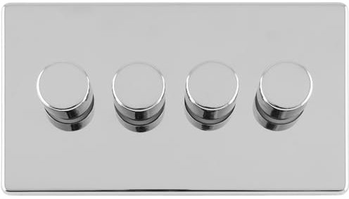 4 Gang Rotary Dimmer Switch 2 Way LED SCREWLESS Polished Chrome Light Dimming - Decorative Metal Wall Plate