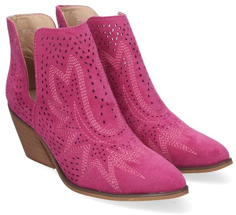 83888 Botines de Tacon Campero para Mujer Primavera Verano Elegantes y Comodos, Diseno Perforado con Estampado en la Pala, Cualquier ocasion. Fucsia Talla 38