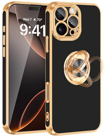 Fingic for iPhone 16 Pro Max Case[with 360°Rotatable Ring Holder][Support Magnetic Car Mount] Shiny Plating Gold Slim Thin Soft TPU Shockproof Case for iPhone 16 Pro Max for Women Men,6.9,2024,Black