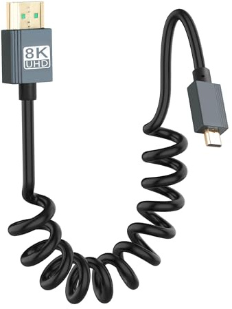 CERRXIAN 8K Micro HDMI to HDMI Cable, Ultra HD High Speed HDMI to Micro HDMI Coiled Cable 2.1 Support 8K 4K 3D and Dynamic HDR Up to 48Gbps, Compatible with Laptop Camera Monitor ect 3FT/0.9M