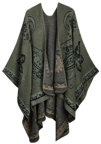 Comilaka Dam tryckt poncho cape överdimensionerad sjal öppen framsida koftor filt halsduk kappa varm vinter 130 x 160 cm, gRÖN, one size