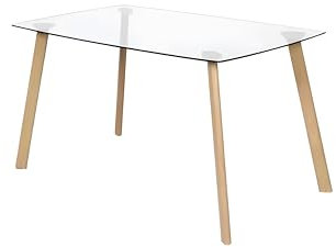 HOGAR24 ES Mesa de Cocina, Mesa de Salon, Mesa de Cristal Transparente, Patas Acabado Madera, Medidas: 100 cm (Ancho) x 76 cm (Alto) x 70 cm (Fondo).