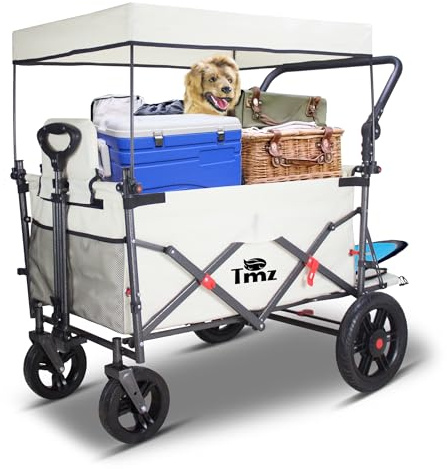 TMZ Chariot de transport pliable avec toit, 2 sièges et ceintures de sécurité, chariot de transport avec traction et poussée, frein à pied, capacité de charge 120 kg (beige)