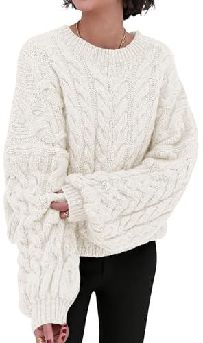 PRETTYGARDEN Womens Sweaters Spring 2026 Cable Knit Long Sleeve Crewneck Oversized Sweater Chunky Pullover Loose Outfits (Beige White, Small)