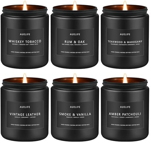 Scented Candles Set | Gifts for Men - 6Pack Candle Set - Masculine Candle, Soy Candles for Home Scented, Aromatherapy Gift - Fragrance of Smoke Vanilla/Leather/Mahogany/Tobacco/Oak/Amber Patchouli