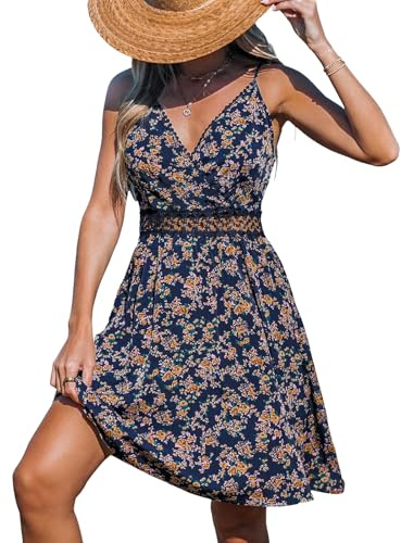 CUPSHE Minivestido cruzado para mujer, cuello en V, floral, tropical, crochet, sin mangas, tirantes ajustables, vestido de verano acampanado, Azul marino, S