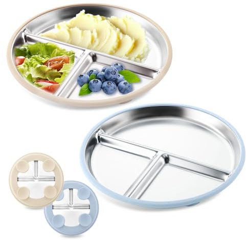TELAIN Barntallrik i rostfritt stål med silikonsugkopp, 2-pack (1 vit, 1 blå), hållbar och säker för barn, BPA-fri, idealisk för lärande
