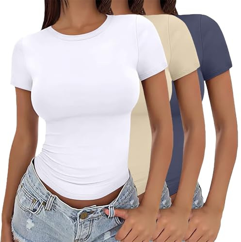 Dam 3-pack kortärmad stretch anpassad sommar magtröja basic t-shirt bekväm Y2K blus
