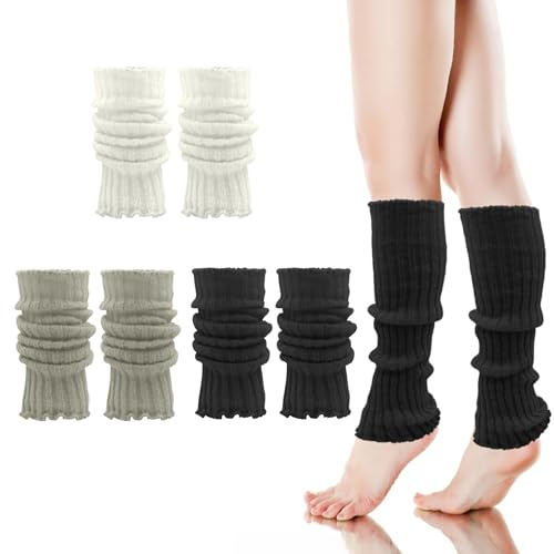 VEGCOO 3 Pares Calentadores Piernas Mujer, Leg Warmers Calentadores de Piernas de Punto de Invierno para Mujer y Niña, Guantes Elásticos para Piernas para Otoño e Invierno (A, One Size)
