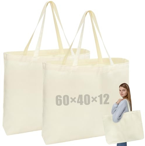 HOCUCHELAND 2 Pezzi Grandi Tote Bag, 60×40×12cm Borsa Spesa con Cinturini Maniglia, Riutilizzabile Borsa Tela, Multifunzione Senza Stampa shopping bag donna per Viaggi, Sport, Vita Quotidiana