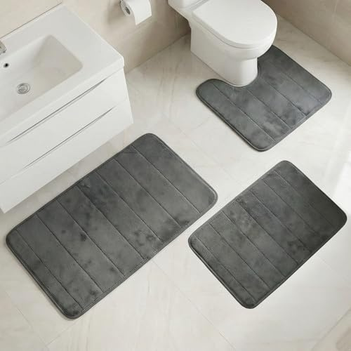 HNCY Badematte Set 3-teilig, Badezimmerteppich Set, Badvorleger WC-Vorleger mit Ausschnitt, Duschvorleger – Memory Foam, rutschfest & waschbar, saugfähig & weich, Badgarnitur für Dusche, WC & Bad