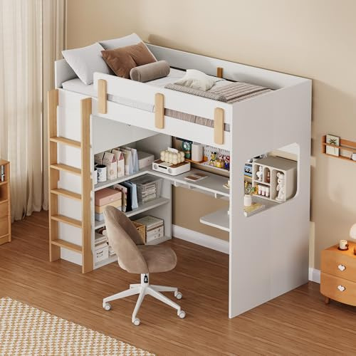 EINHOM Bunk Bed for Kids, 3FT Single Bed with Shelves, Storage Bed with L-Shaped Desk, Suitable for Children and Teenagers, 90x190 cm, White+Natural, No Mattress
