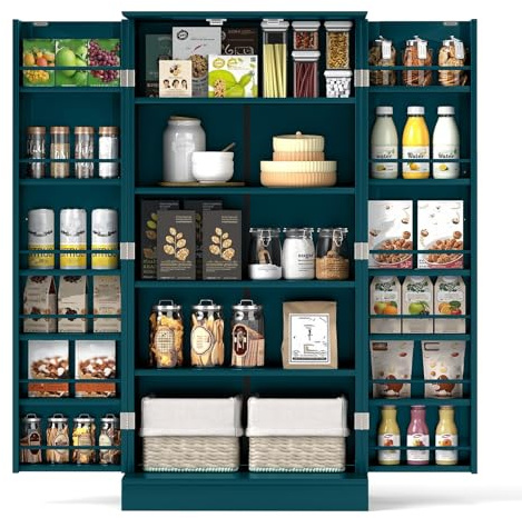 GYMAX Mobile Cucina Dispensa con 2 Porte, Credenza da Cucina con 6 Ripiani Regolabili, Dispositivi Antiribaltamento, Salvaspazio per Sala da Pranzo, Soggiorno (Verde scuro)