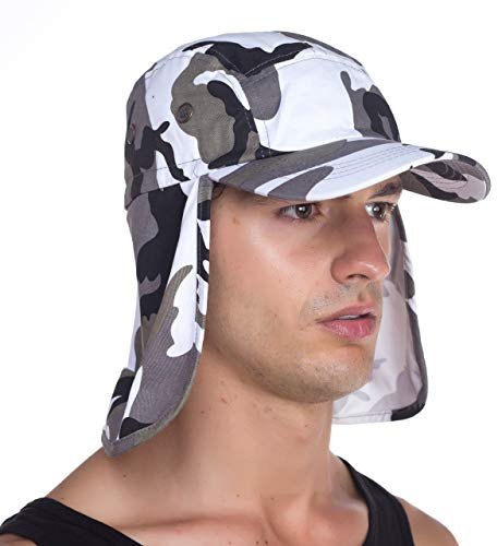 Top Level Fishing Sun Cap - Ear Neck Flap Hat, WHT Camo