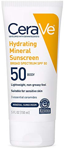 CeraVe 100% Mineral Sunscreen SPF 50 with Zinc Oxide & Titanium Dioxide, Hyaluronic Acid & Ceramides, Oil Free & Non-Greasy, Hydrating Mineral Sunscreen For Body, 5 oz