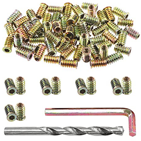 Swpeet 60Pcs 1/4 - 20 x 20mm Carbon Steel Color Zinc Plated Wood Inserts and 11mm Twist Drill with 1Pcs Wrench Assortment Kit, Bolt Furniture Screw in Nut Threaded Fastener Connector Hex Socket Drive