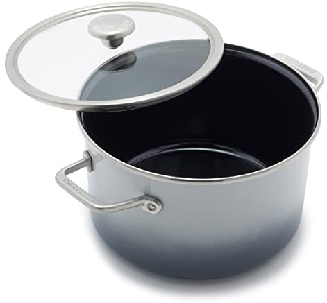 Merten & Storck Europäisch gefertigtes Kochgeschirr aus emailliertem Stahlkern, 6,3QT Suppentopf mit Deckel, Induktion, PFAS und PTFE-frei, spülmaschinenfest, ofen- und grillfest, wolkengrau