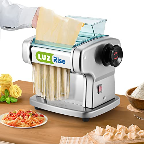 Luzrise Electric Pasta Maker Automatic Noodle Machine Fresh Pasta Dough Roller Stainless Steel(2 Blades for 2.5mm Round&4mm Flat Noodle,9 Thickness Settings 0.5mm-5mm,Family Use, Output 10LBS/H,135W)