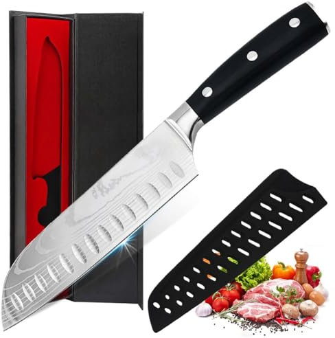 Astylway Coltello Santoku,lama di lunghezza 17cm Coltello dello chef Professionali, fatto di 5Cr15Mov coltello da cucina in acciaio con taglio cavo per il taglio fine di carne, pesce e verdure