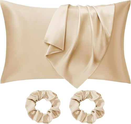 Seiwohl Satin Silk Pillowcases for Hair and Skin Champagne Pillow cases 2 Pack with Hair Silk Scrunchies for women, Cooling Pillow cases with Envelope Closure, Standard Size 50x75 cm