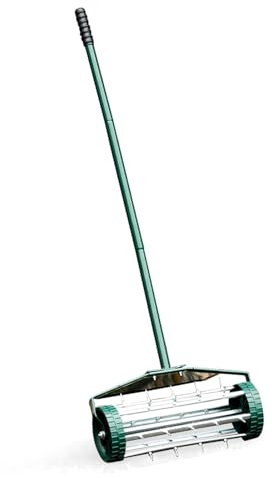 GOPLUS Aireador manual para césped con clavos de 3 cm y escudo protector ancho, aireador manual para jardín, patio, terraza, 46 x 23 x 127 cm
