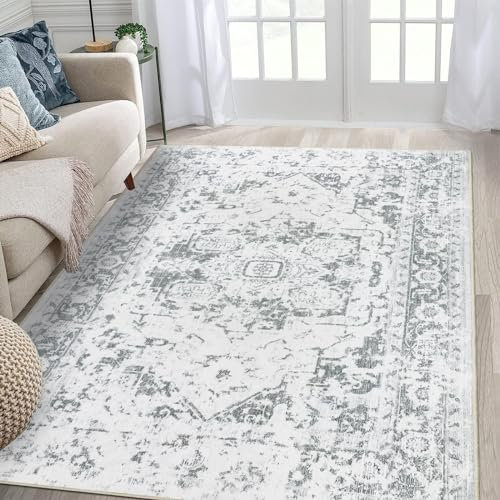 Famibay Teppich Wohnzimmer 160x230cm Waschbarer Teppich Schlafzimmer Kurzflor Wohnzimmerteppich Grau Vintage rutschfest Carpet für Wohnzimmer Schlafzimmer Esszimmer