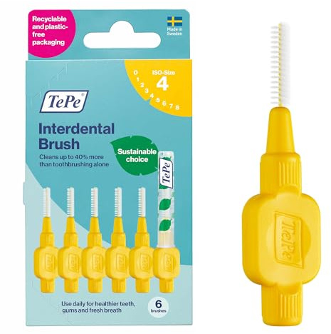 TePe Interdental Brush Original, Soft Dental Brush for Teeth Cleaning, Pack of 6, 0.7 mm, Medium Gaps, Yellow, Size 4