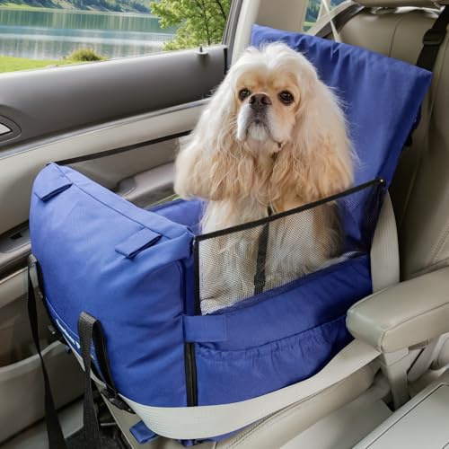 Gardner Pet Seggiolino Auto per Cani, Rialzo per Piccoli/Medi Cani, Letto per Auto con Guinzaglio di Sicurezza Staccabile, Tasche Portaoggetti, Imbottitura in Memory Foam Rinforzata, Blu scuro