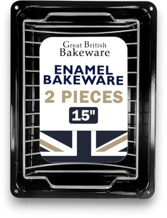 Chabrias Enamel 37cm Roasting Tin with Grill Rack, Large Grill Pan, Turkey Roaster Tray, Pan, Oven-Safe Bakeware for Meat, Vegetables & Poultry, Durable British Cookware (N10525/SET+1, 37cm)