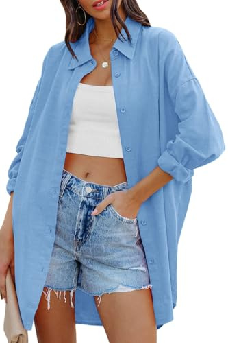 Cicy Bell Blusa de manga larga para mujer, holgada, con botones, de algodón, informal, monocolor, para otoño, con bolsillos