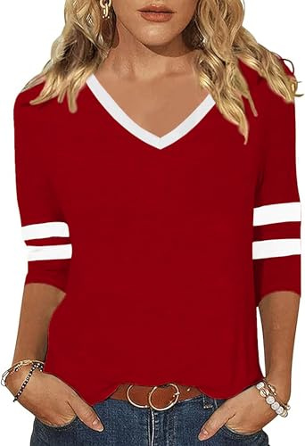 T-shirt à manches 3/4 pour femme - Col en V rayé - Hauts mignons - Haut de sport - T-shirt pour adolescentes et filles, rouge, S