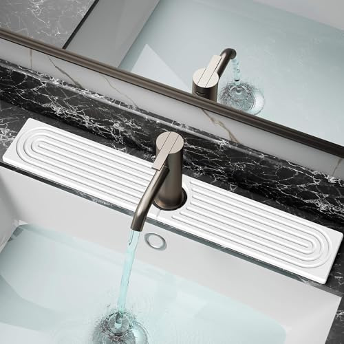 DK177 Diatomite Fast Drying Faucet Mat for Kitchen Sink, Water Absorbing Stone Tray, Faucet Splash Guard for Bathroom Counter, White, 23.6 x 4
