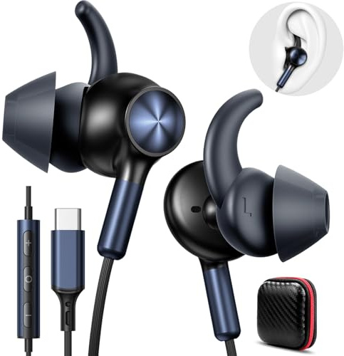Auriculares intraurales USB-C para iPhone 16/15 Pro Galaxy S25, micrófono y control de volumen, graves estéreo HD, a prueba de sudor, anticaídas/daños, auriculares con cable tipo C para Galaxy S24/S23