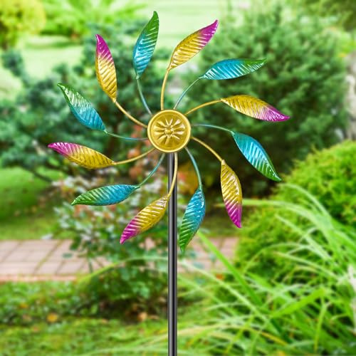 Moulin à vent en métal pour jardin - Montage facile - Avec piquet en métal - Décoration de jardin pour protéger le jardin, le verger, la cour (1 pièce - Plumes multicolores)