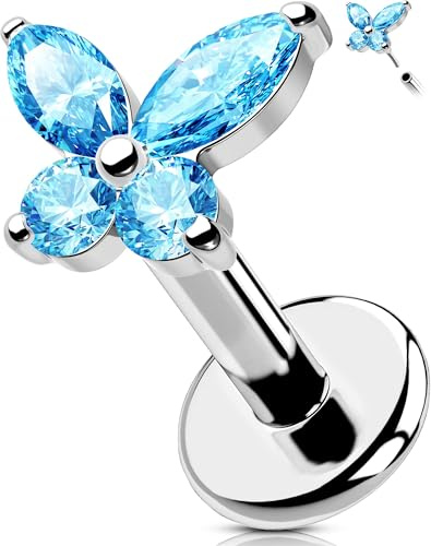OUFER Body Piercing 16G Surgical Steel Cartilage Earring Threadless Helix Stud Lip Labret Aqua CZ Tragus Conch Lobe Flat Back Piercing Jewellery 6/8/10/12mm